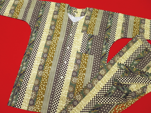 義若オリジナル鯉口シャツ（ダボシャツ）　吉原家紋麻の葉縞
